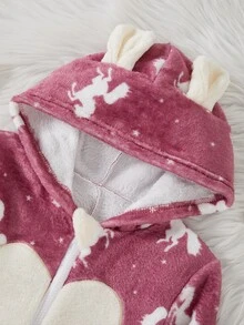 女童馬匹與愛心圖案長袖抓絨連帽連身家居服 - 粉色 - 查看 7