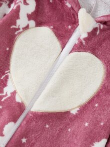 女童馬匹與愛心圖案長袖抓絨連帽連身家居服 - 粉色 - 查看 8