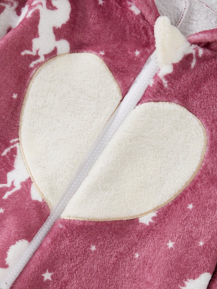 Young Girl Horse & Heart Pattern Long Sleeve Fleece Hooded One-Piece Loungewear - Pink - View 8