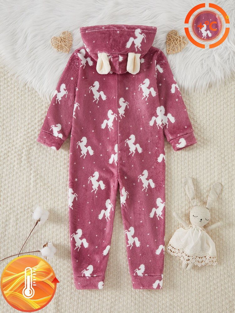Young Girl Horse & Heart Pattern Long Sleeve Fleece Hooded One-Piece Loungewear - Pink - View 5