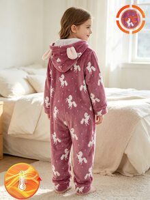 女童馬匹與愛心圖案長袖抓絨連帽連身家居服 - 粉色 - 查看 3