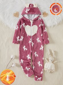 女童馬匹與愛心圖案長袖抓絨連帽連身家居服 - 粉色 - 查看 6
