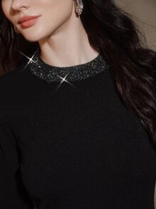 Anewsta Sweater Rajut Musim Semi, Gugur, dan Dingin dengan Hiasan Manik-Manik, Pullover Kerah Bulat, Gaya Desainer, Chic untuk Komuter, Elegan dan Berkelas - Hitam - View 1