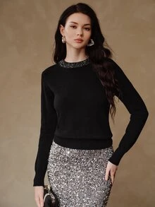 Anewsta Sweater Rajut Musim Semi, Gugur, dan Dingin dengan Hiasan Manik-Manik, Pullover Kerah Bulat, Gaya Desainer, Chic untuk Komuter, Elegan dan Berkelas - Hitam - View 6