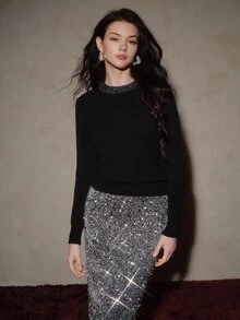 Anewsta Sweater Rajut Musim Semi, Gugur, dan Dingin dengan Hiasan Manik-Manik, Pullover Kerah Bulat, Gaya Desainer, Chic untuk Komuter, Elegan dan Berkelas - Hitam - View 3