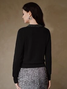 Anewsta Sweater Rajut Musim Semi, Gugur, dan Dingin dengan Hiasan Manik-Manik, Pullover Kerah Bulat, Gaya Desainer, Chic untuk Komuter, Elegan dan Berkelas - Hitam - View 7