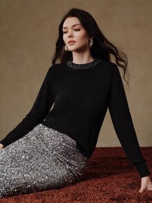 Anewsta Sweater Rajut Musim Semi, Gugur, dan Dingin dengan Hiasan Manik-Manik, Pullover Kerah Bulat, Gaya Desainer, Chic untuk Komuter, Elegan dan Berkelas - Hitam - View 4