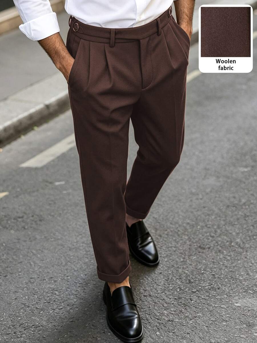 Calvornis Men's Wool Blend Loose Tapered Leg Design, Side Waist Adjustable Buckle, Classic Versatile Autumn/Winter Mature Business Casual Commute Suit Pants, Brown, Formal - Brown - View 1