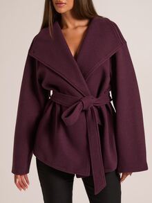 SHEIN BAE Women's Vintage Button Long Sleeve Lapel Overcoat - Red Violet - View 4