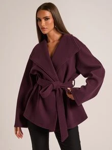 SHEIN BAE Women's Vintage Button Long Sleeve Lapel Overcoat - Red Violet - View 5