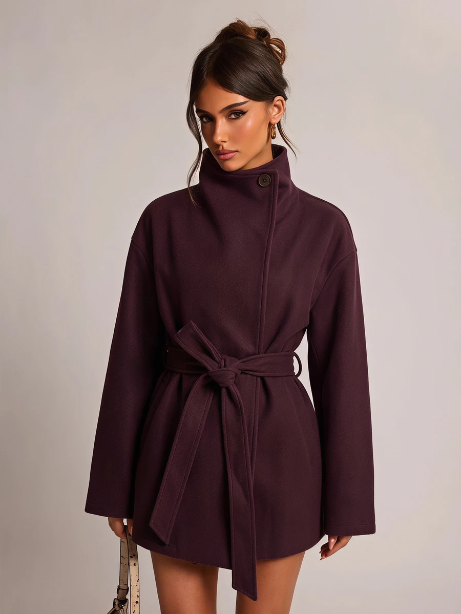 SHEIN BAE Women's Vintage Button Long Sleeve Lapel Overcoat - Red Violet - View 1