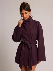 SHEIN BAE Women's Vintage Button Long Sleeve Lapel Overcoat - Red Violet - View 3