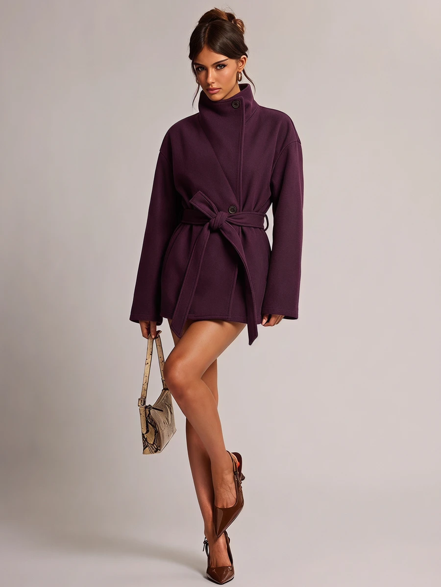 SHEIN BAE Women's Vintage Button Long Sleeve Lapel Overcoat - Red Violet - View 1