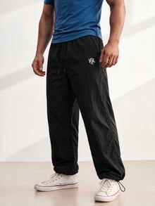 Driftmere Men's Letter Print Drawstring Jogger Pants, Casual Suitable For Daily Wear And Travel, Gym - Midnight Black - View 2