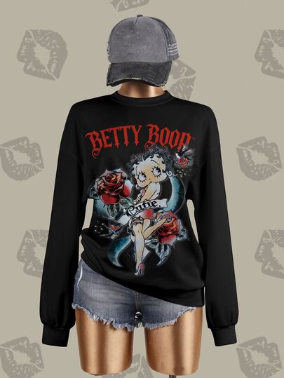 Betty Boop x SHEIN Damen Langarm Sweatshirt mit Buchstaben- & Cartoon-Muster