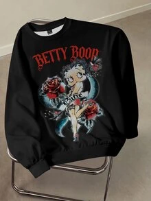 Betty Boop x SHEIN 女款字母與卡通印花長袖運動衫 - 白色 - 查看 5