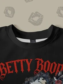 Betty Boop x SHEIN 女款字母與卡通印花長袖運動衫 - 白色 - 查看 4