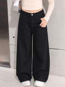 青少年女孩口袋寬腿寬鬆休閒百搭牛仔褲 冬季 - 黑色 - 查看 1