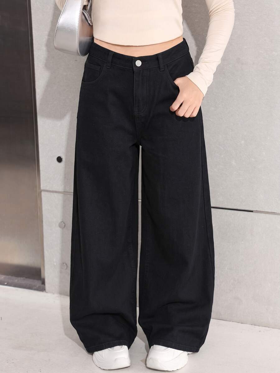 青少年女孩口袋寬腿寬鬆休閒百搭牛仔褲 冬季 - 黑色 - 查看 1
