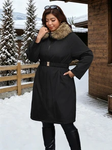 SHEIN Clasi Jaket Berkerudung Berlapisan Termal Serbaguna Kasual Musim Dingin Ukuran Besar - Hitam - View 5