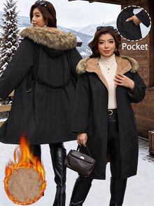 SHEIN Clasi Jaket Berkerudung Berlapisan Termal Serbaguna Kasual Musim Dingin Ukuran Besar - Hitam - View 8