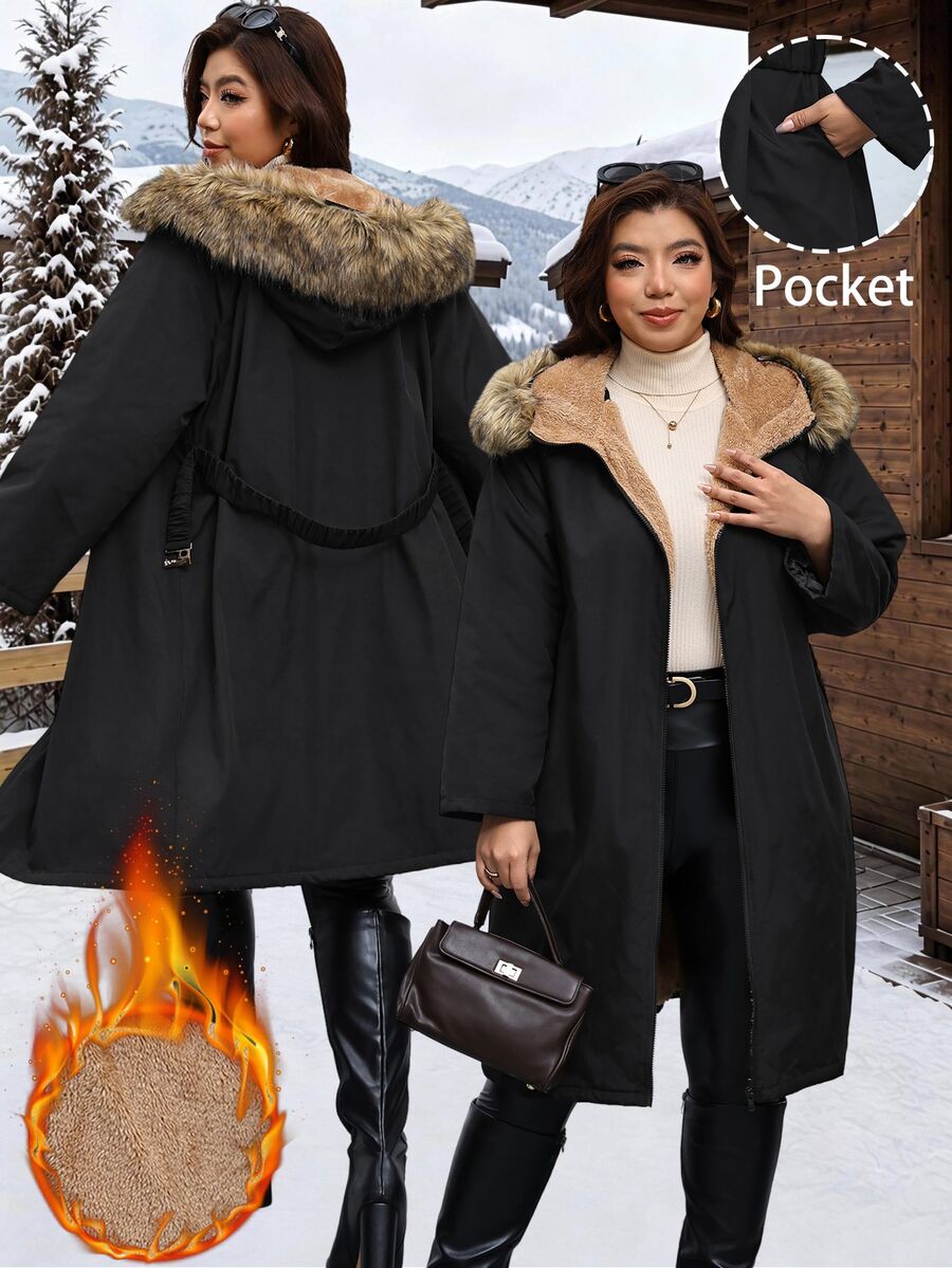 SHEIN Clasi Plus Size Winter Casual Versatile Thermal Lined Hooded Jacket - Black - View 1