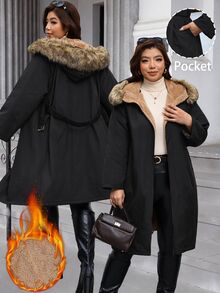 SHEIN Clasi Jaket Berkerudung Berlapisan Termal Serbaguna Kasual Musim Dingin Ukuran Besar - Hitam - View 9