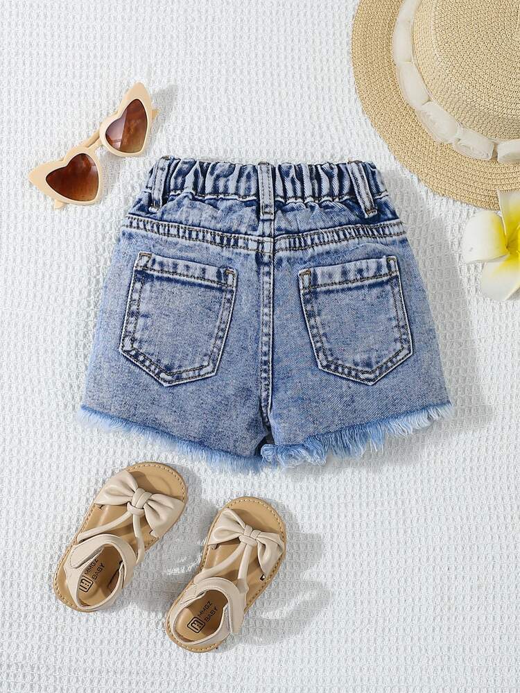SHEIN Vintaside Kids Baby Girl Fashionable Versatile Distressed Denim Shorts - Medium Wash - View 2