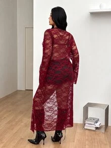 Coolane 女款大尺碼秋冬優雅性感派對晚宴正式度假外出夜店 Y2K Gyaru 風格蕾絲荷葉邊蝴蝶結紅色長大衣，萬聖節穿搭 - 酒紅色 - 查看 5