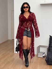 Coolane 女款大尺碼秋冬優雅性感派對晚宴正式度假外出夜店 Y2K Gyaru 風格蕾絲荷葉邊蝴蝶結紅色長大衣，萬聖節穿搭 - 酒紅色 - 查看 1