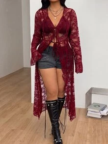Coolane 女款大尺碼秋冬優雅性感派對晚宴正式度假外出夜店 Y2K Gyaru 風格蕾絲荷葉邊蝴蝶結紅色長大衣，萬聖節穿搭 - 酒紅色 - 查看 4