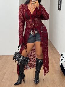Coolane 女款大尺碼秋冬優雅性感派對晚宴正式度假外出夜店 Y2K Gyaru 風格蕾絲荷葉邊蝴蝶結紅色長大衣，萬聖節穿搭 - 酒紅色 - 查看 2