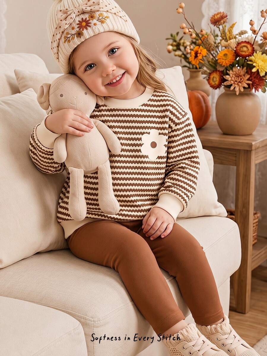 Baby Girl Casual Minimalist Floral Pattern Striped Autumn Winter Sweatshirt And Sweatpants Set - Multicolor - View 1