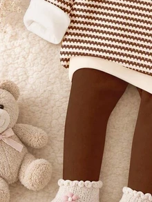 Baby Girl Casual Minimalist Floral Pattern Striped Autumn Winter Sweatshirt And Sweatpants Set - Multicolor - View 5