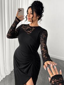 Elenzga 大尺碼優雅性感通勤雞尾酒會蕾絲拼接開衩洋裝，秋季萬聖節黑色 - 黑色 - 查看 6