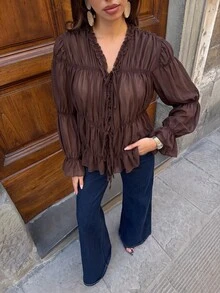Siren Gaze Brown Chiffon Ruffle Elegant Blouse For Women - Brown - View 8