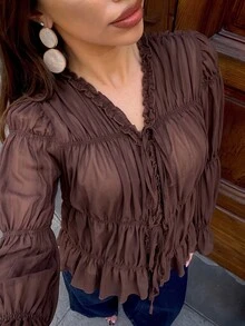 Siren Gaze Brown Chiffon Ruffle Elegant Blouse For Women - Brown - View 3