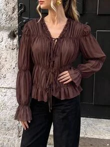 Siren Gaze Brown Chiffon Ruffle Elegant Blouse For Women - Brown - View 4