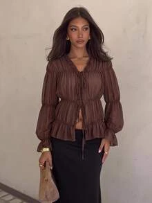 Siren Gaze Brown Chiffon Ruffle Elegant Blouse For Women - Brown - View 9