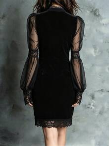 LUMIGAL French Gothic Goth Style Long Sleeve Elegant Mesh Lace Patchwork Bodycon Dress 2026 Women's New Button Design Exquisite Black Bodycon Velvet Evening - Black - View 2