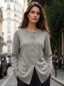 Balvessa Solid Drop Shoulder Slit Hem Cardigan Office Light Grey Autumn French Minimalist - Grey - View 7