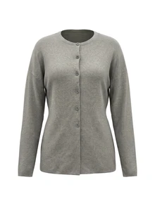 Balvessa Solid Drop Shoulder Slit Hem Cardigan Office Light Grey Autumn French Minimalist - Grey - View 4