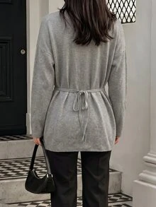 Balvessa Solid Drop Shoulder Slit Hem Cardigan Office Light Grey Autumn French Minimalist - Grey - View 2
