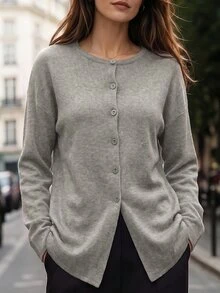 Balvessa Solid Drop Shoulder Slit Hem Cardigan Office Light Grey Autumn French Minimalist - Grey - View 6