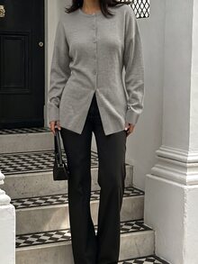 Balvessa Solid Drop Shoulder Slit Hem Cardigan Office Light Grey Autumn French Minimalist - Grey - View 3