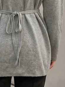 Balvessa Solid Drop Shoulder Slit Hem Cardigan Office Light Grey Autumn French Minimalist - Grey - View 5
