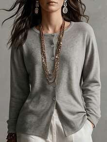Balvessa Solid Drop Shoulder Slit Hem Cardigan Office Light Grey Autumn French Minimalist - Grey - View 1