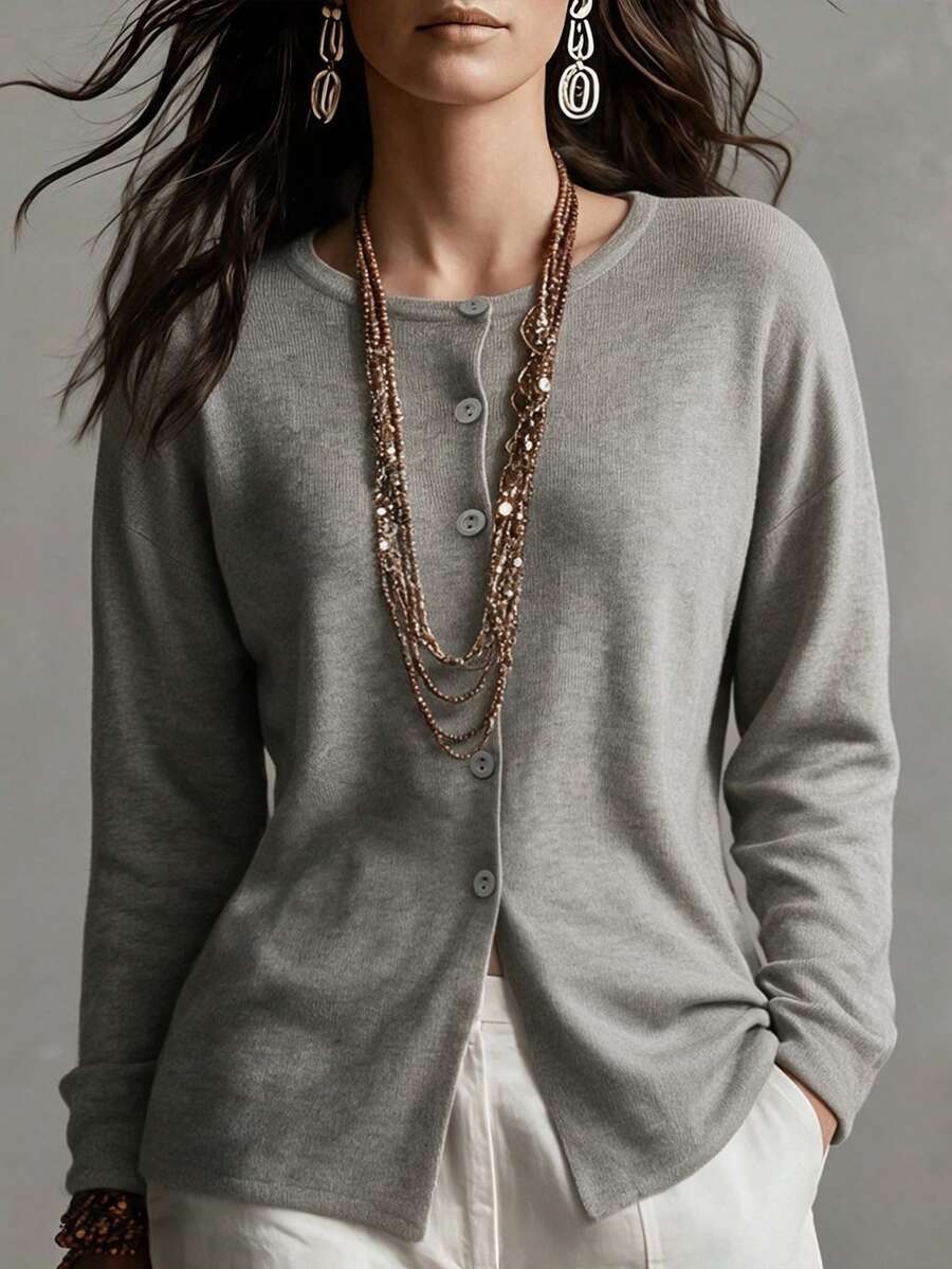 Balvessa Solid Drop Shoulder Slit Hem Cardigan Office Light Grey Autumn French Minimalist - Grey - View 1