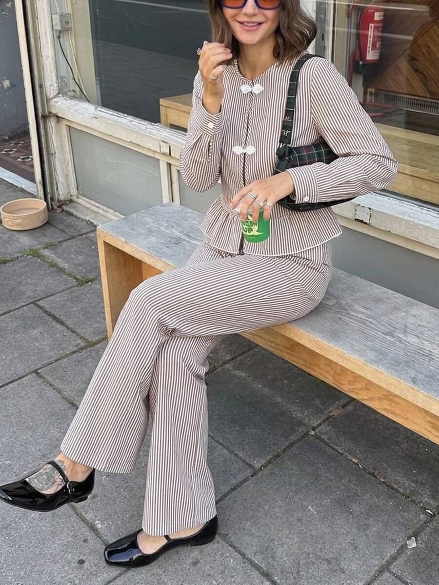Serisse Brown Striped, Button-Down, Ruffled, Long-Sleeved Top And Wide-Leg Trousers Set For Autumn, A Casual Two Pieces Women's Set.,Winter Set ,Striped Shirt - Brown - View 1