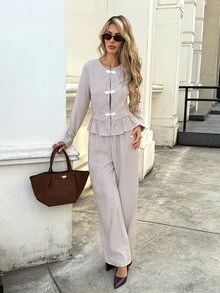 Serisse Setelan Atasan Lengan Panjang Berkerut Bergaris Cokelat, Berkancing Depan, dan Celana Panjang Lebar untuk Musim Gugur, Setelan Kasual Dua Potong untuk Wanita, Setelan Musim Dingin, Kemeja Bergaris - Coklat - View 6